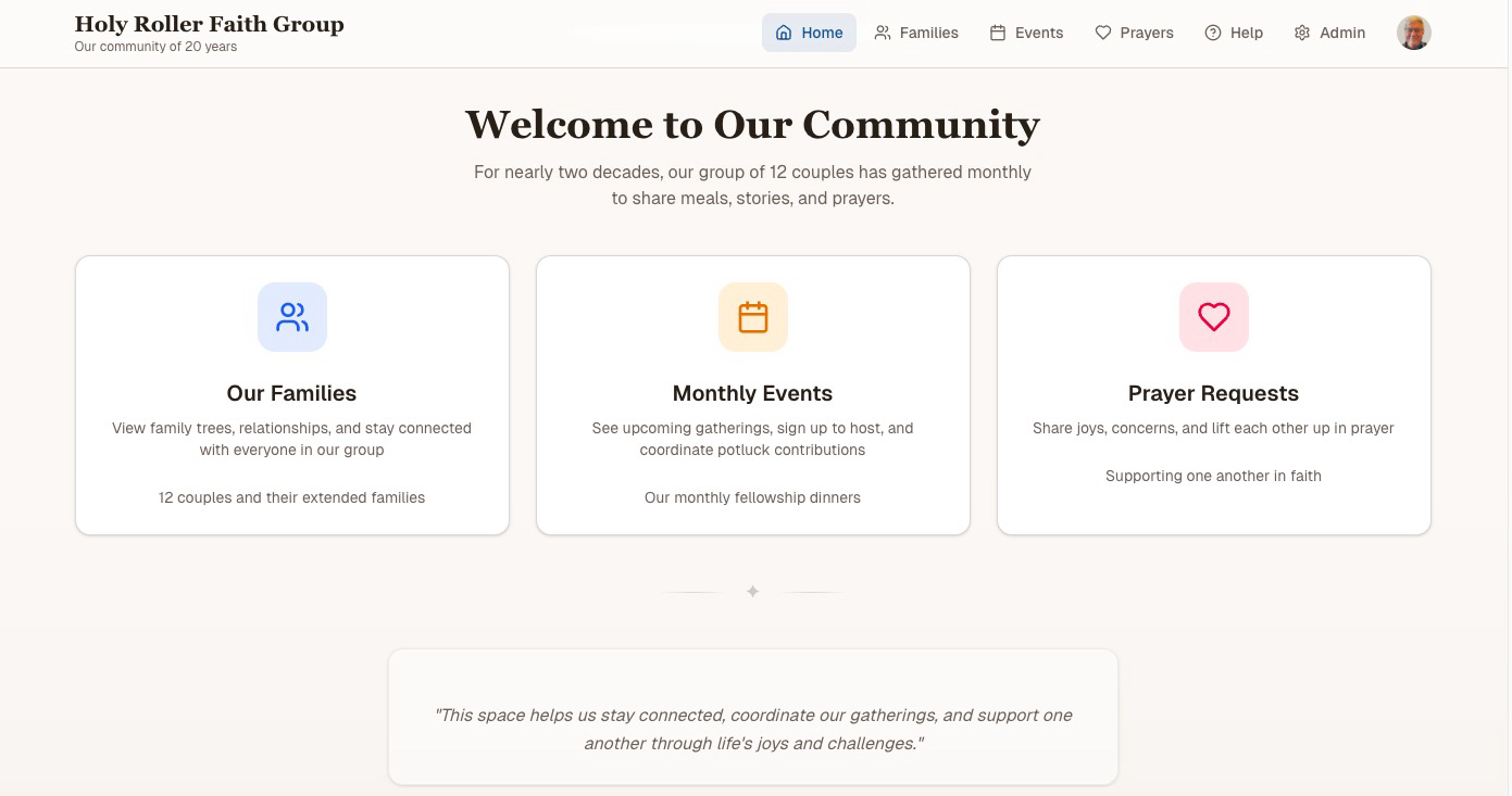 Faith Group Tracker welcome page showing families, events, and prayer features